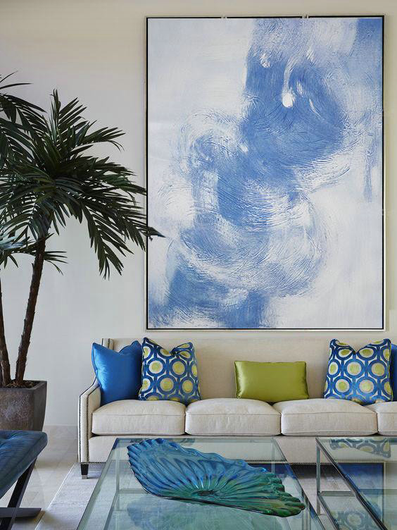Acrylic Painting Large Wall Art,Vertical Palette Knife Contemporary Art,Wall Art Painting,Sky Blue,White.etc